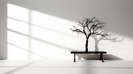 a wooden bench with a tree beside it, showcasing a metaphysical interior style. the bench features a light white and dark bronze color scheme, with subtle shadow play and high-key lighting. the overall design follows a minimalist approach, with monochromatic sculptural elements and a sparse use of color. ai generatedの素材