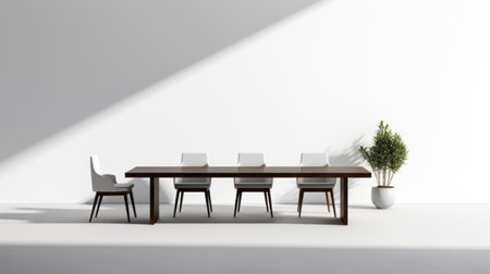 a table with 6 chairs is positioned in front of a window, showcasing precisionist lines and shapes. the composition exudes a commercial imagery feel, with a densely textured or haptic surface. the polished craftsmanship and physically based rendering enhance the overall aesthetic, while embracing a zen minimalism style. the design also pays homage to traditional craftsmanship. ai generatedの素材