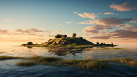 a small island with grass sits atop majestic mountains, creating a whimsical landscape reminiscent of dutch marine scenes. rendered in cinema4d, this photo showcases hyper-realistic water and pseudo-realistic details. with its photo-realistic quality and 32k uhd resolution, this image captures the beauty of nature in a truly mesmerizing way. ai generatedの素材