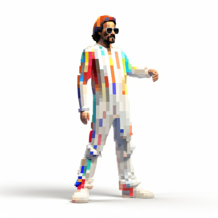 the artist, wearing a pixel jumpsuit, stands next to a large head in a style reminiscent of musical color fields, ambient occlusion, and 1970s aesthetics. the artwork features skeletal, low-resolution elements with graffiti influences and toy-like proportions. ai generatedの素材