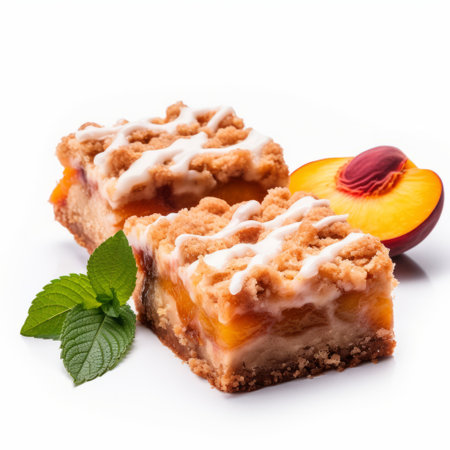 peach cradle bars with almond frosting and leaf, featuring zigzag patterns. this high-definition photo showcases explosive pigmentation and a composed arrangement. the wet-on-wet blending technique creates vibrant colors, while the striped design adds visual interest. the rough edges add a touch of rustic charm to this delectable treat. ai generatedの素材