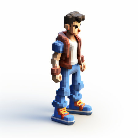 a 3d model of a guy wearing a red sweater and sneakers, depicted in a colorful pixel-art style. the model showcases a combination of light beige and dark azure colors. the shot was captured on 70mm film, inspired by the artistic styles of jim lee and piratepunk. this edgy portrayal has a touch of pierce brosnan's charm. ai generatedの素材