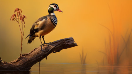 a bird gracefully glides on the water, surrounded by a stunning blend of light gold and orange hues. the softbox lighting enhances its beauty, creating a bold chromaticity that captivates the viewer. the bird's nature-inspired camouflage adds an element of intrigue, while the romantic landscapes captured by the canon eos 5d mark iv transport us to a serene and enchanting world. ai generatedの素材