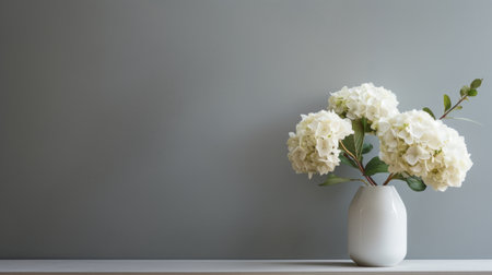 a modern and minimalistic hydrangea arrangement in a vase, styled with clean lines and a simple color palette. the painting captures the essence of modern portraiture, with a focus on the subject's details and features. the neutral color tone, soft lighting, and minimalist approach make this artwork a perfect addition to any contemporary space. ai generatedの素材