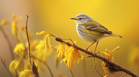 a little yellow bird perches delicately on a flowering branch, surrounded by a soft focus and ethereal light. this national geographic photo captures the beauty of nature with its multi-layered color fields. the horizontal stripes add a unique visual element to this uhd image, showcasing the contrasting shades of dark yellow and light silver against the backdrop of scottish landscapes. ai generatedの素材