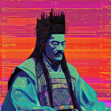 a man in an eastern asian costume is captured in a stylized photograph, reminiscent of colorful pixel-art and dreamlike illustrations. this unique image evokes the aesthetic of the criterion collection, as well as influences from kingcore and necronomicon illustrations. the composition showcases the talent of an architectural illustrator, while also hinting at the presence of confucian ideology. ai generatedの素材