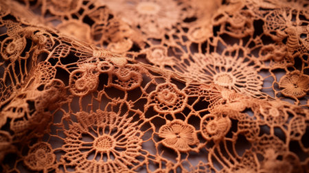 orange silk lace fabric in crochet stitch, featuring organic and naturalistic compositions. the terracotta medallions add a touch of elegance to the overall design. with selective focus, the intricate organic sculpting stands out beautifully. the brown color palette enhances the ephemeral installations, creating lively and captivating tableaus. ai generatedの素材