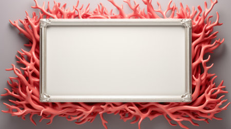 a 3d rendering photo showcases a frame delicately placed on a vibrant coral, featuring organic and flowing forms. the composition is characterized by a combination of light white and crimson hues, creating a visually captivating contrast. the frame's design incorporates narrative paneling, reminiscent of absurdist installations, while also embracing the minimalistic japanese aesthetic. this high-resolution uhd image beautifully captures the intricate carving details. ai generatedの素材