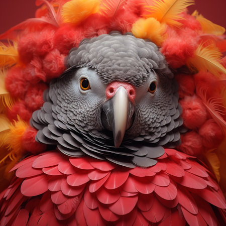 a parrot with a vibrant red mask adorned with feathers, captured in a photorealistic style using cinema4d. this stunning portrait showcases the parrot's gray and amber plumage, complemented by its colorful costume. the image is a masterpiece of bloomcore photography, featuring multi-layered compositions. discover this captivating parrot on flickr. ai generatedの素材
