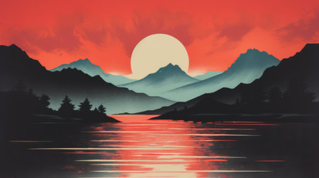 red sunset over water with mountains in the background, featuring graphic design-inspired illustrations and traditional british landscapes. the image showcases a sublime wilderness with a color palette of light black and teal. captured in high resolution, this photo evokes the essence of edogawa ranpo's artistic style. ai generatedの素材