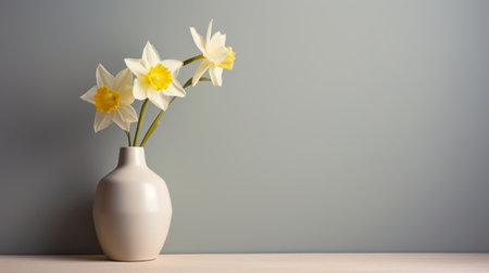 a modern and minimalistic daffodil arrangement in a vase, styled in minimalism with clean lines and a simple color palette. the painting captures the essence of modern portraiture, with a focus on the subject's details and a neutral color tone. the lighting is soft and subtle, enhancing the subject's features. ai generated