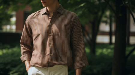 a man in a coffee shirt holds a striped shirt in light maroon and light brown. the photo showcases the reimagined traditional techniques of the new york school, with a touch of cottagecore aesthetic. the focus is on the materials used, while also capturing a nautical charm. the image exudes movement and spontaneity. ai generatedの素材