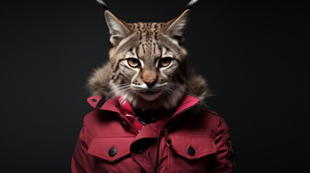 a lynx, dressed in a vibrant red jacket, stands out against a striking black background. this portrait, inspired by the unique styles of oliver wetter, alastair magnaldo, and ekaterina panikanova, showcases a combination of dark beige and magenta hues. the eccentric detail placements, reminiscent of leica i photography, add an intriguing touch to this captivating image. ai generatedの素材
