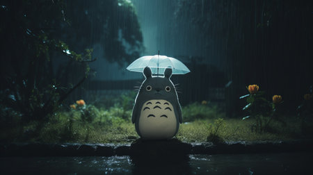 totoro, the beloved character from studio ghibli's film, stands amidst a captivating rainstorm. the photo showcases volumetric lighting, adding a touch of enchantment to the scene. with elements of online culture artifacts and ray tracing, this tabletop photograph by hiroshi katsuragawa tells a quirky visual story. the selective focus further enhances the magical atmosphere. ai generatedの素材