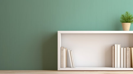 bookshelf on a green wall with a plant in a pot, depicted in a 2d rendering. this artwork showcases abstract minimalism, with a focus on white and beige tones. inspired by the works of worthington whittredge, the piece features framing and sculpted elements. the lively tableaus and hard edge painting style add depth and visual interest to the composition. ai generatedの素材