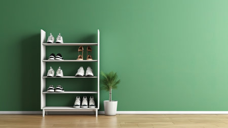 a rack of modern shoes is displayed against a vibrant green wall, resembling photorealistic renderings. the minimalist purity of the white and green color scheme creates a lively interior. the sparse and simple arrangement, along with the loose paint application in dark green, adds a touch of artistic flair to the scene. ai generatedの素材