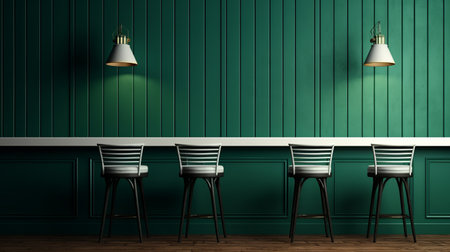 three bar stools in a modern decor 3d rendering. the stools come in two colors, dark green and narrative paneling. reimagined by industrial light and magic, the lively interiors showcase understated simplicity. the tableaus are lively, with a crisp and clean look. ai generatedの素材