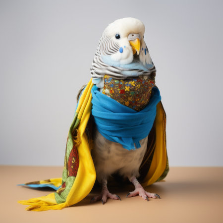 a white parakeet perched on a chair, adorned with a vibrant scarf, captured in a fashion photography style. the parakeet's ensemble features a combination of dark gold and sky-blue colors, showcasing a fanciful costume design. the photograph highlights ethical concerns, with layered fibers and innovating techniques, beautifully illuminated by softbox lighting. ai generatedの素材