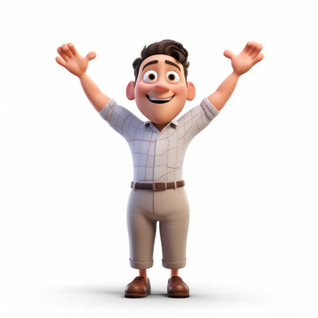 a photo of johnny, a cartoon boy from the giants series, is depicted holding a shirt with both hands. the image is rendered in the style of vray tracing, showcasing detailed character expressions. the figuratively textured artwork features a light beige and white color palette, giving a cheerful and vibrant feel. this movie still captures the essence of the hispanicore theme. ai generatedの素材