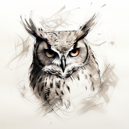 an owl, depicted in the style of aggressive digital illustration by florian nicolle, is seen in the background of a sketch. the artwork showcases a combination of dark white and light amber tones, reminiscent of traditional ink painting. the intensity and shadowy atmosphere created by wlad safronow add depth to the composition. ai generatedの素材