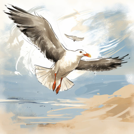a seagull gracefully soars above a sandy beach, captured in a captivating digital painting. this expressive artwork showcases intricate character design, combining ink and color to create a detailed and vibrant depiction. the frenetic brushwork and heavy shading add depth and movement, while the free brushwork adds a touch of spontaneity to the composition. ai generatedの素材