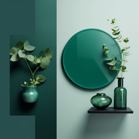 two green vases adorned with vibrant flowers sit gracefully on a mirrored surface, showcasing the artistic style of mike campau. the simplicity of the monochromatic color palettes and the geometry-inspired design create a visually stunning composition. the use of vray tracing enhances the luxurious feel of these wall hangings, with shades of green and cyan adding a touch of elegance. ai generatedの素材