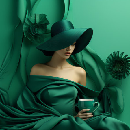 a woman wearing a hat in a green dress sits at a table in this daz3d-style photo. the dramatic composition and fluid color combinations create a visually striking image. this contest-winning photo showcases porcelain-like features, flowing draperies, and a captivating dark turquoise backdrop. ai generatedの素材
