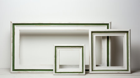 three white frames and green frames are displayed on a table with a white background. this photo showcases the style of the american studio craft movement, featuring weathered materials and eccentrically quirky designs. each frame is a unique and one-of-a-kind piece, crafted with exacting precision. the decorative borders and hard edge painter add to the overall artistic appeal. ai generatedの素材