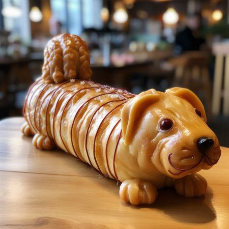a dog-shaped apple cake is displayed on a wooden platter, showcasing the artistic style of johnson tsang. the cake features bold and dynamic lines, with a color palette of light maroon and light amber. horizontal stripes add visual interest to the design, reminiscent of the realistic anamorphic art. influences from artists like john tenniel and patrick dougherty can be seen in this unique creation. aiの素材