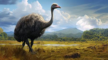ostriches grazing on a field, depicted in a detailed science fiction illustration style. these photorealistic renderings capture the essence of the redshift phenomenon, while incorporating elements of papua new guinea art and historical reproductions. the ostriches stand amidst spiky mounds, surrounded by energy-filled illustrations. ai generatedの素材