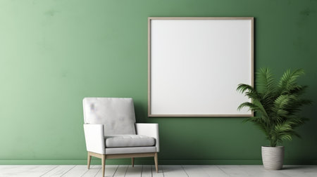 a chair and picture are framed in a green background on a white background. the style of the photo is characterized by crisp and clean lines, large canvases, and neo-geo minimalism. the overall look is minimalist, with a focus on anti-clutter and the use of common materials. soft and blended colors add to the overall aesthetic. ai generatedの素材