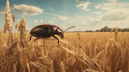 a bug perched on a wheat tiling, showcasing a realistic rendering style with highly detailed environments. the image is created using octane render by the talented artist janek sedlar. the bug stands out with its dark brown and amber hues, while the overall scene is enhanced with rtx technology, providing a visually stunning experience. ai generatedの素材