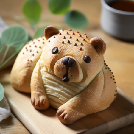 a bear-shaped pastry with raisins sits next to a wooden coffee table. the pastry, in the style of dolly kei, features light brown and light beige colors. the design showcases nature-inspired motifs with heavy lines and naturalistic poses. the high-contrast shading adds depth to the wrapped pastry. ai generatedの素材