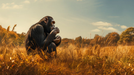 a chimpanzee, captured in the style of vray tracing, sits amidst tall grass and a palm tree. this emotional portraiture, resembling a matte painting, showcases the skill of a documentary photographer. the lens flare adds a touch of drama to this 8k image, depicting the beauty and essence of animals in their natural habitat. ai generatedの素材