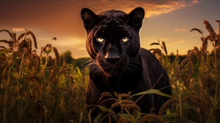 a black panther captured by eddie rhys stands gracefully amidst tall grass at sunset. this atmospheric portrait, with its post-processing style, showcases the panther's dark amber fur and mesmerizing shiny eyes. the uhd image, reminiscent of hans memling's art, is a stunning example of wildlife photography, taken with fujifilm natura 1600. ai generatedの素材