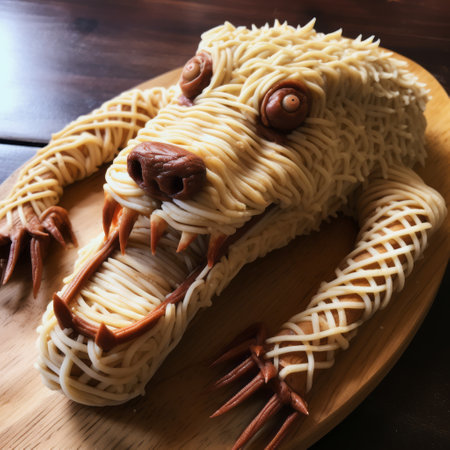 a kitchen still life featuring a unique yokai-inspired deer head made out of spaghetti twigs. this fantastic realism artwork showcases traditional vietnamese influences and incorporates elements of caninecore. crafted from cheese, the multilayered composition creates a visually captivating and whimsical scene. ai generatedの素材