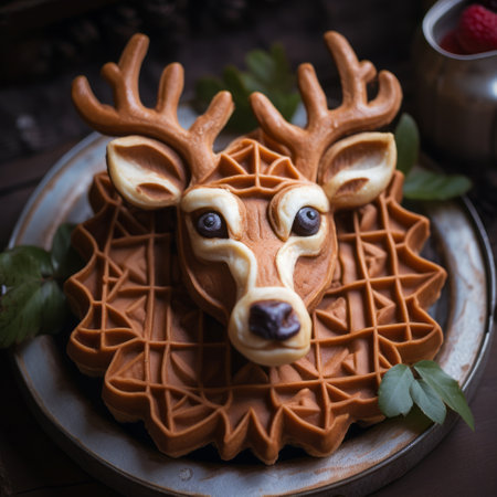 a wafer cookie featuring a detailed and intricate composition of a deer head and berries. this unique creation, reminiscent of the style of anton semenov's artwork, is made of cheese and captures a festive atmosphere. the photo showcases the craftsmanship and creativity involved in its design, combining traditional vietnamese influences with the use of voigtlander brilliant camera and the cutting-edge unreal engine 5 technology. aiの素材