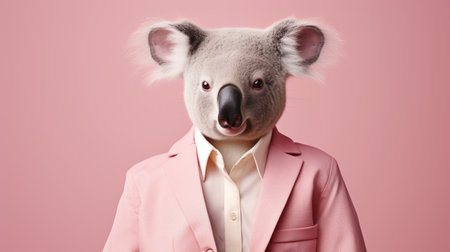 a red koala wearing a pink coat stands out in this conceptual portraiture photo. the image showcases a clever use of negative space and features an elegant and emotive face. the koala's attire adds a touch of uniqueness to the uniformly staged composition. this close-up shot would be perfect for ad posters or ivory-themed campaigns. ai generatedの素材