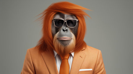 a man at home with a monkey dressed in glasses and an orange suit. this hyperrealistic animal portrait showcases a low-resolution, uhd image with a gray, minimalistic sophistication. the creased, smooth, and shiny details add depth to the composition. ai generatedの素材