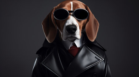 a dog, styled in the hyperrealistic rendering of mike campau, stands on a black background. the dog is wearing sunglasses and a coat, reminiscent of franoise basset's leatherhide designs. the image captures the smooth and polished details, with sharp focus, similar to the style of thomas wrede. ai generatedの素材