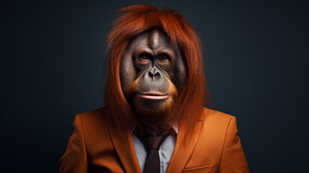 an orange monkey, dressed as a businessman, stands against a vibrant blue background. this hyperrealistic wildlife portrait showcases the darktable processing technique, capturing the monkey's expressive features. the evocative environmental portrait uses earth tones, including dark green and orange, to create a visually striking image. this celebrity-like photography style emphasizes realistic and hyper-detailed portraits. ai generatedの素材