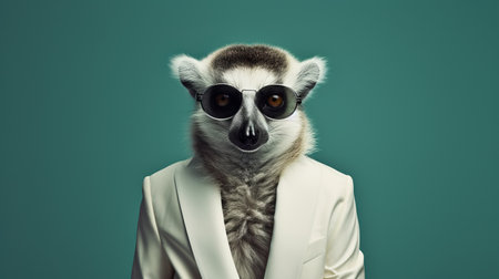 a giraffe, dressed in a stylish jacket and sporting sunglasses, poses for a contemporary portrait photograph. inspired by the works of anton fadeev, mike campau, and jonathan wolstenholme, this animalier image exudes an elegantly formal vibe. the light color palette of white and teal adds a touch of sophistication to the composition. ai generatedの素材