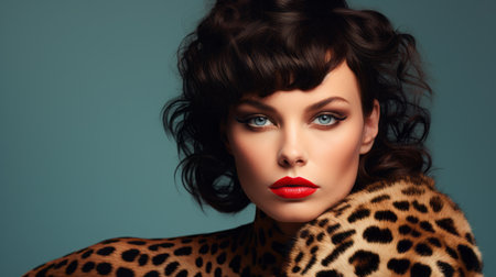 blonde woman in a brown dress and leopard coat, wearing red lipstick. the photoillustration style showcases bold and vibrant primary colors, with a mix of dark cyan and dark bronze tones. the soft focal points add a touch of timeless beauty. the image is beautifully lit with softbox lighting, enhancing the vibrant color combinations. ai generatedの素材