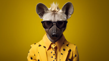 a hungry hyena-like dog is captured in a surreal fashion photograph, wearing a vibrant yellow jacket and a polka dot tie. the image showcases a unique blend of exotic and sharp elements, with solarization effects adding to its artistic appeal. the animalier-inspired attire gives the dog a sleek and stylish look, making it a perfect fit for a trendy website. ai generatedの素材