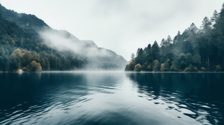 a serene forest scene with mist enveloping a lake and grassy mountains. this atmospheric photo, in light gray and teal tones, showcases the essence of nature and evokes a sense of quiet contemplation. with its 8k resolution, the image captures the beauty of contrast-focused photography, offering a moody and serene seascape. ai generatedの素材