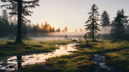a photo showcasing a misty atmosphere in a taiga forest, with a backdrop of red maple trees and marshland. the soft and romantic landscapes resemble the style of the barbizon school, capturing the beauty of norwegian nature. the cryengine technology enhances the light-filled landscapes, creating a serene and picturesque scene of rural life. ai generatedの素材
