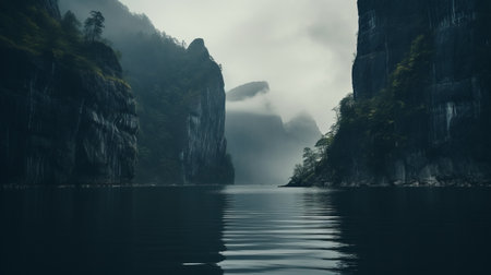 a cliff area on a cold and cloudy day, featuring translucent water and mysterious backdrops. serene faces and dark, muted colors add to the japanese-inspired atmosphere. this photo captures the essence of environmental activism and calming symmetry. ai generatedの素材