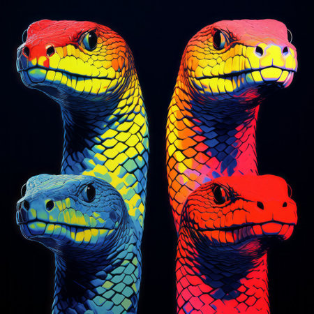 three vibrant cobras, with their striking colors, are captured in a hyper-realistic pop-art fusion style. set against a black background, these textured illustrations showcase the beauty of these snakes. the use of kodak aerochrome and cross-processing techniques adds a unique touch to this dinocore-inspired depiction of animals. ai generatedの素材