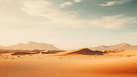 the sun rises over morocco's red sand dunes, creating a mesmerizing scene. the photo showcases a retro filter style, with photorealistic rendering that brings out the beige hues of the landscape. the hazy atmosphere adds to the atmospheric clouds, giving the image a realistic and spatial feel. ai generatedの素材