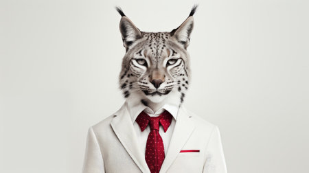 a small lynx wearing a dress suit and red tie is captured in this photograph, inspired by monochromatic minimalist portraits. the portrait showcases intricate details, reminiscent of the style of alastair magnaldo, while also incorporating elements of hip hop aesthetics. the image reflects a sensitivity to the natural world, drawing inspiration from artists like jon j muth and dino valls. ai generatedの素材